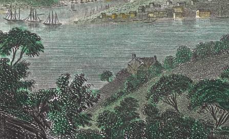, This detail, from a French print by Gilquin Dupain, shows what is probably Billy Blue's villa at Blues Point in the 1830s. Stanton Library