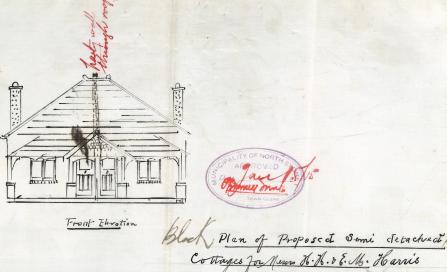 , This front elevation shows a pair of semi-detached cottages planned for Holtermann Street, Crows Nest, in 1915. The 'party wall' referred to in red was a fire precaution recently added to the building ordinance. The owners, apparently speculator builders, accompanied their application with the request that they not be compelled to extend the wall into the roof as 'it will adversely affect the scale of the property'. Remarkably, they were permitted to exclude the wall extension. Stanton Library