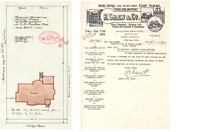 , <i>Left:</i> This hand-drawn plan submitted to North Sydney Council by Donald Esplin as part of the Building Application for a house in Wollstonecraft in 1910 is a particularly beautiful example of the documentation needed for permission to build a house after the 1906 Local Government Act. Stanton Library
<i>Right:</i> The 1919 letterhead for RD Shaw prolific property business which ran from construction to auctioneering. Stanton Library